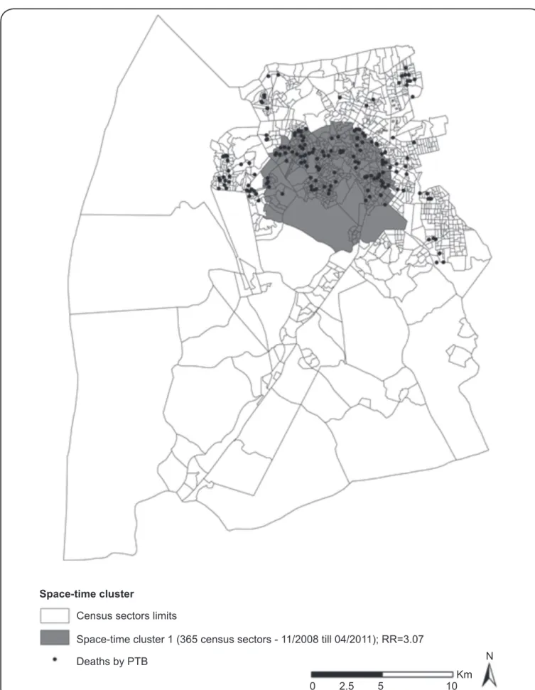 FIGURE 3 - Space-time clusters of deaths by PTB, controlled by the population in the census sectors and their gender and age distribution