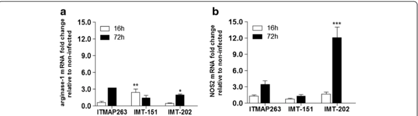 Fig. 1 Arg1 and Nos2 expression profiles in macrophages infected with different L. infantum strains