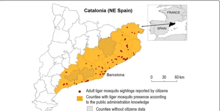 Figure 4 Comparison of adult tiger mosquito sightings reported by participants during the Spanish “ AtrapaelTigre.com ” pilot project and demonstrated presence of Ae