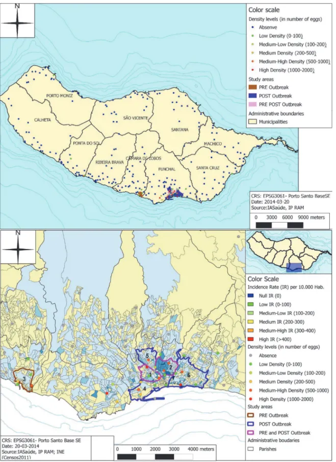 Fig 1. Study areas from PRE-outbreak and POST-outbreak studies. Fig. 1 (upper) shows Aedes aegypti’s distribution (2011) resulted from the Island- Island-wide transversal entomological survey using ovitraps