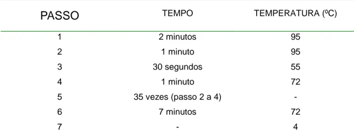 Tabela 3. Protocolo de Reação em Cadeia da Polimerase (PCR): 