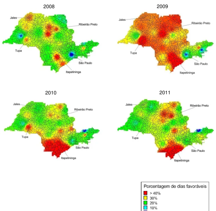 Figura 1.  Porcentagem  de  dias  favoráveis  à  ferrugem  alaranjada  da  cana-de- cana-de-açúcar no estado de São Paulo durante os anos de 2008, 2009, 2010 e  2011