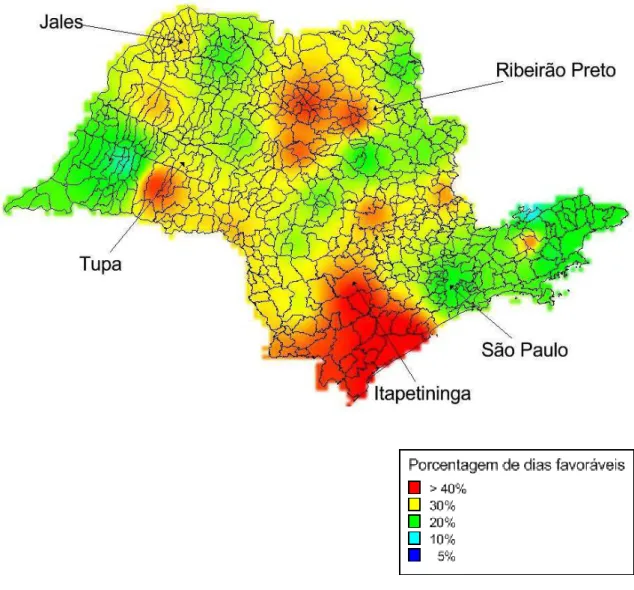 Figura 2.  Porcentagem  de  dias  favoráveis  à  ferrugem  alaranjada  da  cana-de- cana-de-açúcar no estado de São Paulo no período de quatro anos de 2008 a  2011