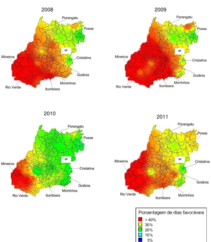 Figura 3.  Porcentagem  de  dias  favoráveis  à  ferrugem  alaranjada  da  cana-de- cana-de-açúcar no estado de Goiás durante os anos de 2008, 2009, 2010 e 2011
