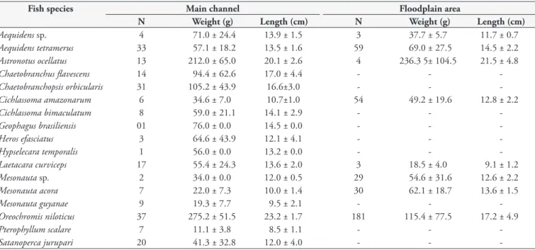 Table 1. Mean weight and total length of Cichlidae species captured at two sites of the Igarapé Fortaleza basin, Amapá State, eastern Amazon,  Brazil.