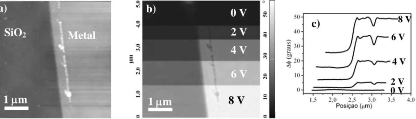 Figura 1-4 a) Imagens de AFM de um filme metálico sobre um  substrato de SiO 2 , exposto a esquerda da imagem