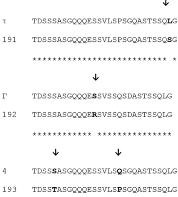 Figure 2. Amino acid differences between tandem repeats A and 191,  192 and 193. The one-letter code is used for the different amino  acids of the tandem repeats