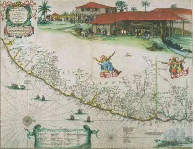 Figu r a  1  -  Mapa de Per nam buco do século XVI I  com  a ilust r ação do engenho de cana ao fundo