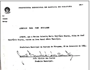FIGURA  6  -  Atestado  de  residência  na  Zona  Rural  assinado  pelo  Prefeito  de  Pirapama,  20 de fevereiro de 1954