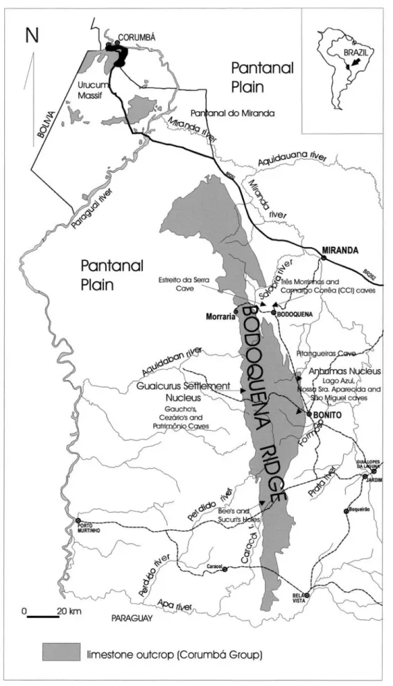Fig. 1. Map of the Serra da Bodoquena. Arrows show the localization of the caves studied.