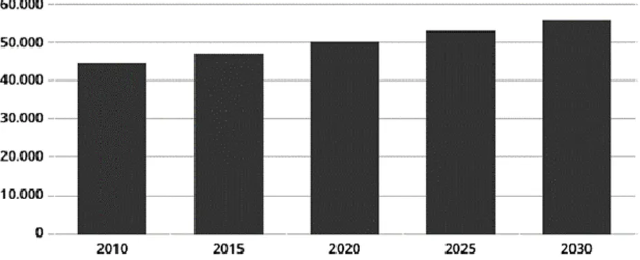 Figura 1- Previsão do crescimento da incidência de cancro em Portugal entre 2010 e 2030 (adaptado de Programa  Nacional para as Doenças Oncológicas, 2014)