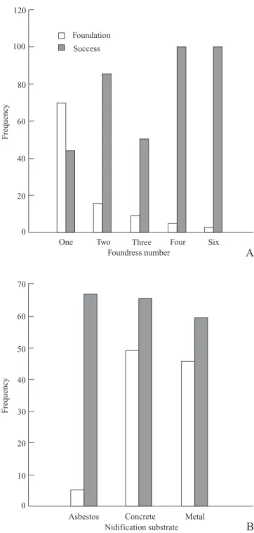 Fig. 2. Frequency of foundations and colony success: (A) number of fe- fe-males present in the foundation phase, and (B) nidification substrate.