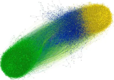 Figura 2.4. Communities obtained from gun control debate on Twitter. Nodes are users and edges represent retweets