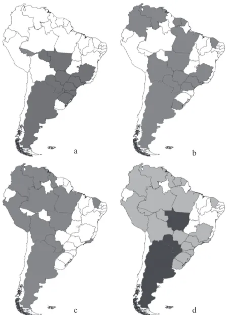 Fig. 3. Geographical distribution of (a) Euschistus heros; (b) Thyanta perditor; (c) Cephalotes pusillus; and (d) the three species combined