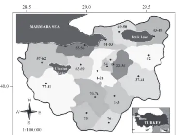 Fig. 1. Map of Bursa, northwestern Turkey. Numbers within counties in- in-dicate the specific localities where the hemerobiid species were collected.