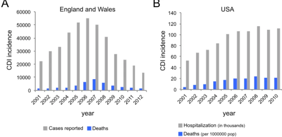Figure  1.2. CDI  incidence. (A)  Total  number  of  CDI  reported  cases  (grey)  and  related  deaths  (blue)  in  England  and  Wales  during  the  indicated  time  period
