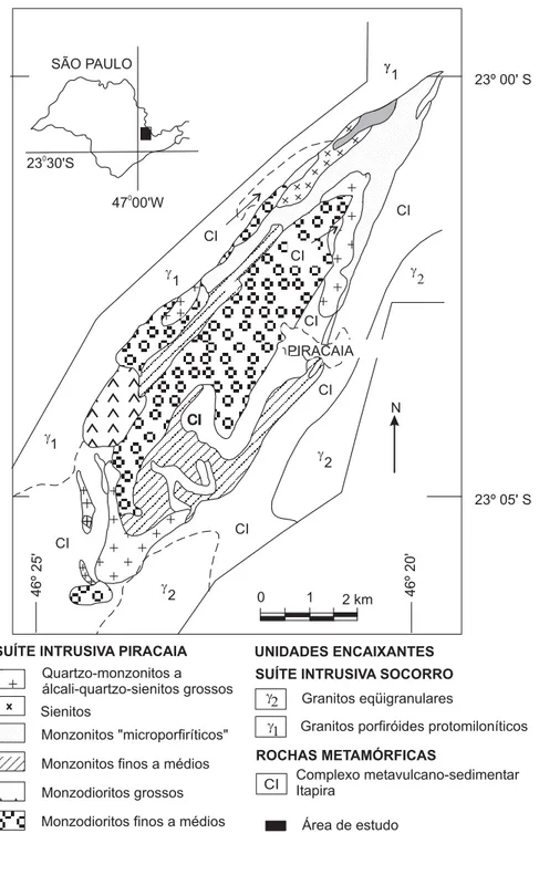 FIGURA 1.  Mapa geológico esquemático do Maciço Piracaia. Modificado de Janasi (1986).