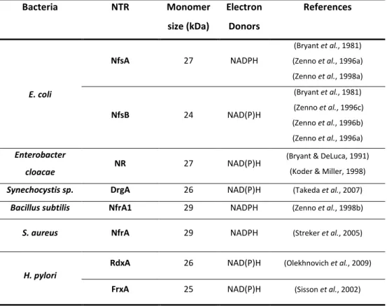 Table 1.1| Bacterial oxygen-insensitive nitroreductases (NTR) mediating   nitrofuran reduction