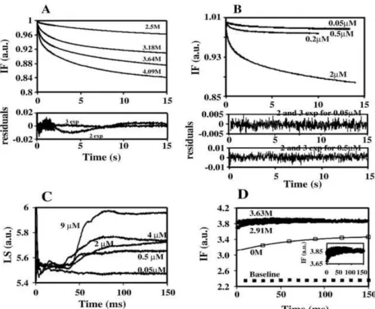 Figure  3.4:  (A)  Kinetic  traces  of  2  μM  of  McoA  at  pH  7.6  obtained  at  different  GdnHCl  concentrations