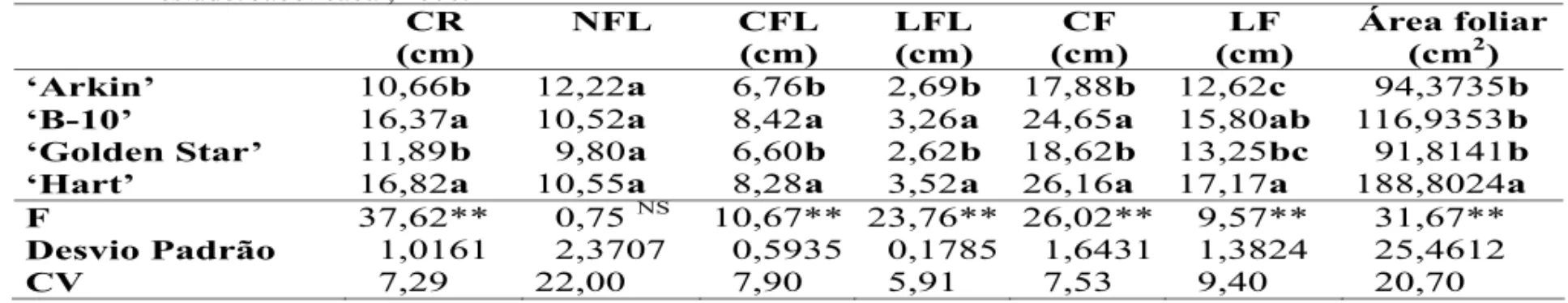 TABELA 1-   Resultados obtidos na análise estatística de características morfológicas de folhas de  variedades de caramboleira em estudo