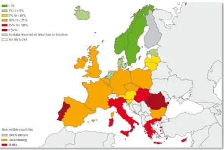 Figure 1.2. Map depicting the percentage (%) of invasive MRSA isolates reported in 2011 by 28 of  the  European  countries  participating  in  the  European  Antimicrobial  Resistance  Surveillance  Network (EARS-Net)