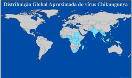 Figura 1.4 Distribuição global do vírus Chikungunya em 2007. Este vírus  é  endémico  de  países  da  África  central  e  do  sul,  e  epidémico  no  subcontinente Indiano e sudoeste Asiático
