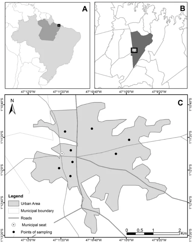 Fig. 1 - Map of Brazil (A) showing the municipality of Capanema (B), located in the northeast of the state of Para, and the urban area of Capanema with the eight points of sampling (C).