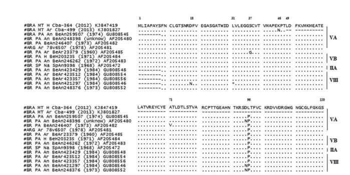 Fig 3 - Alignment of deduced amino acid envelope protein (partial sequence) of Saint Louis encephalitis virus (SLEV) obtained from a human with acute febrile illness (SLEV_BR/MT- (SLEV_BR/MT-CbaH364/2012) and a Culex quinquefasciatus female (SLEV_BR/MT-Cba