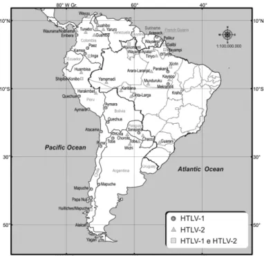 Fig. 3 - HTLV-1 and HTLV-2 among indigenous populations of South America.  Based on  the references from Table 2.