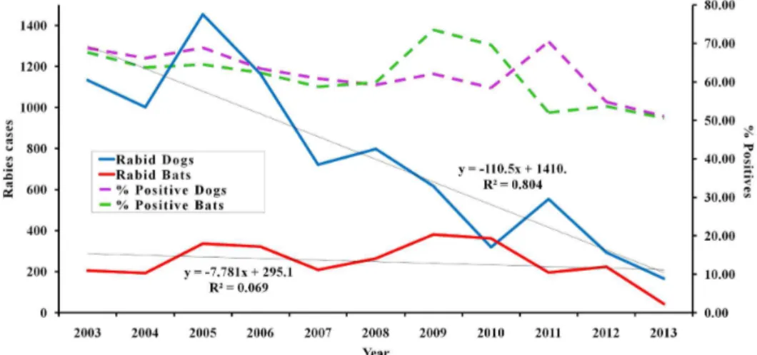 Fig. 1 - Dog (blue line) and bat (red line) rabies cases during 2003-2013, based on samples from Latin American and Caribbean countries considered in this study