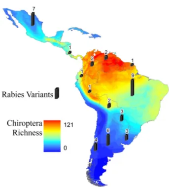 Fig. 2 - Bat richness showing the number of bat species (rabies positive or not) present in Latin  America (colored shading) and number of antigenic variants of bat rabies reported (gray bars).
