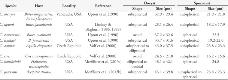 Table  1 and Table  2 show some characteristic features of  Caryospora spp. described from Accipitriformes and Falconiformes  respectively