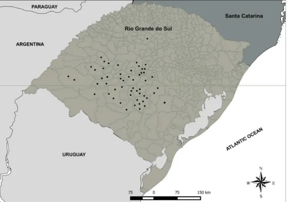 Figure 1. Locations of 54 cattle farms in 28 cities of Rio Grande do Sul, southern Brazil, at which four commercially formulations of synthetic  pyrethroids and organophosphates were tested against Rhipicephalus (B.) microplus using in vitro Adult Immersio