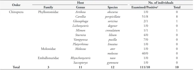 Table 1. Hosts species and haemoculture positivity of bats examined in this study.