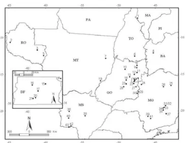 Fig. 2. Sites of the Brazilian Savanna with records of drosophilids. The codes follow Table II