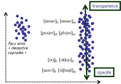 Figure  1 :  relations  conceptuelles  entre  similarité  phonique,  similarité  sémantique  et  transparence :  chaque  point  figure  la  localisation  d’une  paire  d’unités  lexicales   inter-langues  dans  le  plan  similarité  phonique  /  similarité