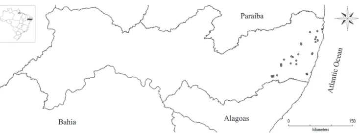 Fig. 1. Study area showing the map of Pernambuco State with the respective collecting localities.