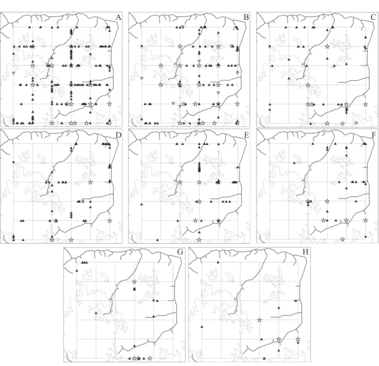 Fig. 6. Distribution of wasp occurrences in the PPBio plot, with indication of drainage and spectral types of canopy; A- A