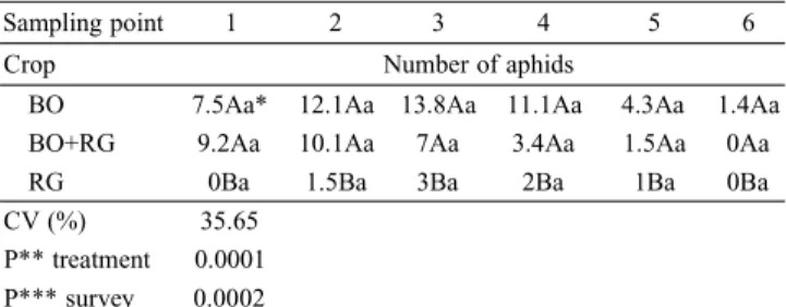 Table I. Mean number of aphids per sampling point (1-6) collected in black oats (BO), Avena strigosa L., ryegrass (RG), Lolium multiflorum L., and mixed BO+RG fields
