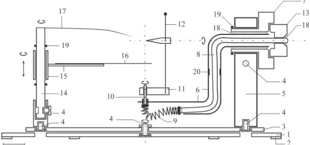 Fig. 1. A schematic vertical section of the manipulator: 1 – round steel sub-base; 2 – rubber feet; 3 – round steel base; 4 – screw; 5 – holder of the supporting arm; 6 – supporting arm; 7 – knob for rotating of the supporting arm; 8 – flexible steel core;