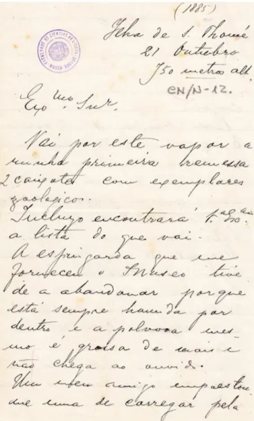 Figura 3 – Página de rosto da carta de Francisco Newton a José Vicente Barbosa du Bocage,  referente ao envio da primeira remessa de produtos zoológicos de São Tomé