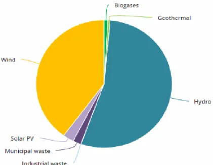 Figura 12 – Peso de cada tipo de fonte renovável na produção de eletricidade em  Portugal em 2016 