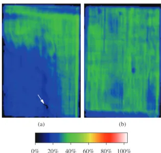 Figure 2. C-scan maps after 1000 cycles: a) laminate 1; b) laminate 2.