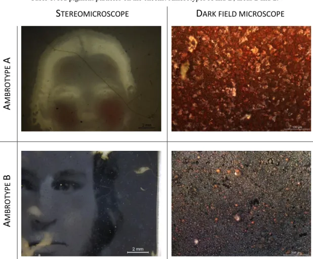 Table 8: red pigment particles on the cheeks. Ambrotypes A and B, areas 2 and 2. 