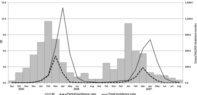 Fig. 3. Partial and total monthly incidence rates of dengue, municipality of São José do Rio Preto, and monthly Breteau indices (BI), region of São José do Rio Preto, September 2005 to August 2007, state of São Paulo, Brazil.