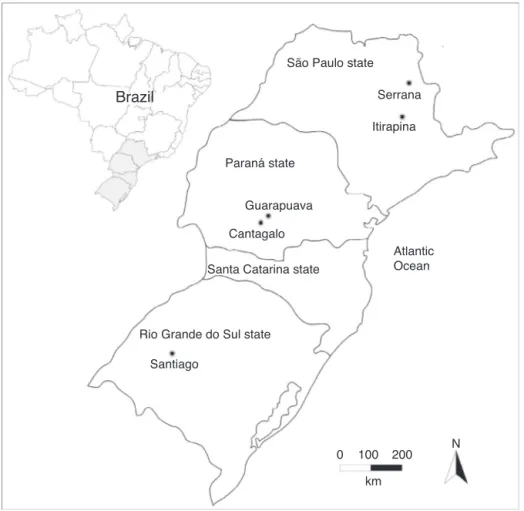 Fig. 1. Locations of the sampled populations of Drosophila antonietae. Serrana (21 ◦ 14 ′ S, 47 ◦ 34 ′ W), Itirapina (22 ◦ 16 ′ S, 47 ◦ 48 ′ W), Guarapuava (25 ◦ 17 ′ S, 51 ◦ 53 ′ W), Cantagalo (25 ◦ 25 ′ S, 52 ◦ 04 ′ W), Santiago (29 ◦ 23 ′ S, 54 ◦ 44 ′ W
