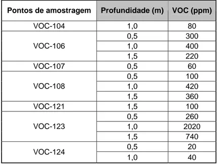 Tabela 3 – Pontos com presença de compostos orgânicos voláteis (Modificado de BRAIN,  2006)