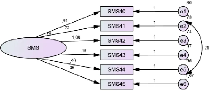 Figura 6: Modelo fatorial da SMS Addiction Scale ajustado a uma amostra de 384 adultos portugueses (χ²/df =  2.565; CFI= .978; GFI = .982; RMSEA=.064; AIC = .054)