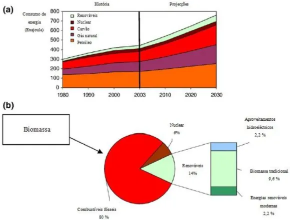 Figura 2 – a) Consumo mundial de energia, b) Diferentes contribuições dos combustíveis relativamente  ao consumo mundial de energia [Khan et al, 2009] 