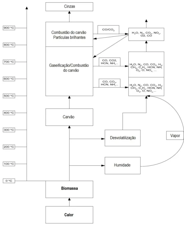 Figura 11 – Esquema do processo de combustão de uma acha de madeira [Khan et al, 2008] 